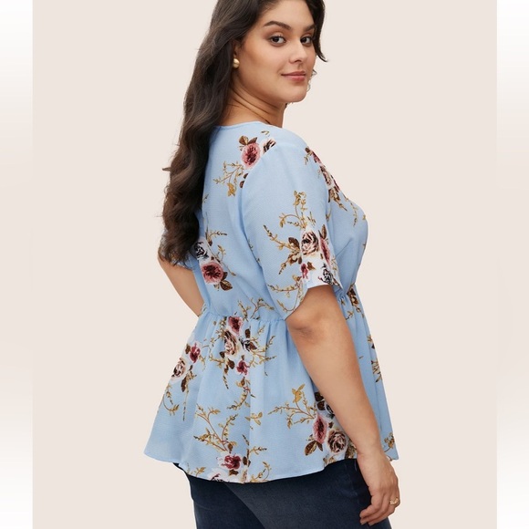 Bloomchic Plus Size Floral Print Wrap Ruffles Asymmetrical Hem Burgundy Blouse - Picture 3 of 5